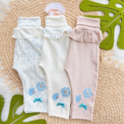 Kit 3 Calças - Flores com Paetê - Branco, Off White e Areia